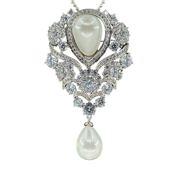 Faux Pearl  Hand Set w/ Metal Prongs CZ Stones Pendant/Brooch 20 Kt Gold Plated - Picture 1 of 11